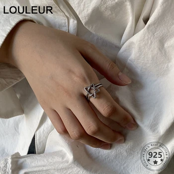 

LouLeur Real Sterling 925 Silver Pentagram Star Rings Vintage Weaving Geometric Rings for Women Fine Party Jewelry Birthday Gift