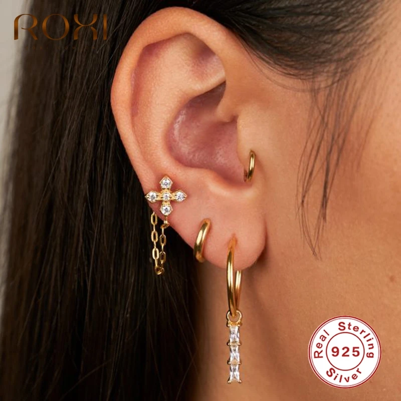 

ROXI Classic Cross Zircon Stone Link Chain Stud Earrings for Women Men Piercing Earrings 925 Sterling Silver Jewelry Pendientes