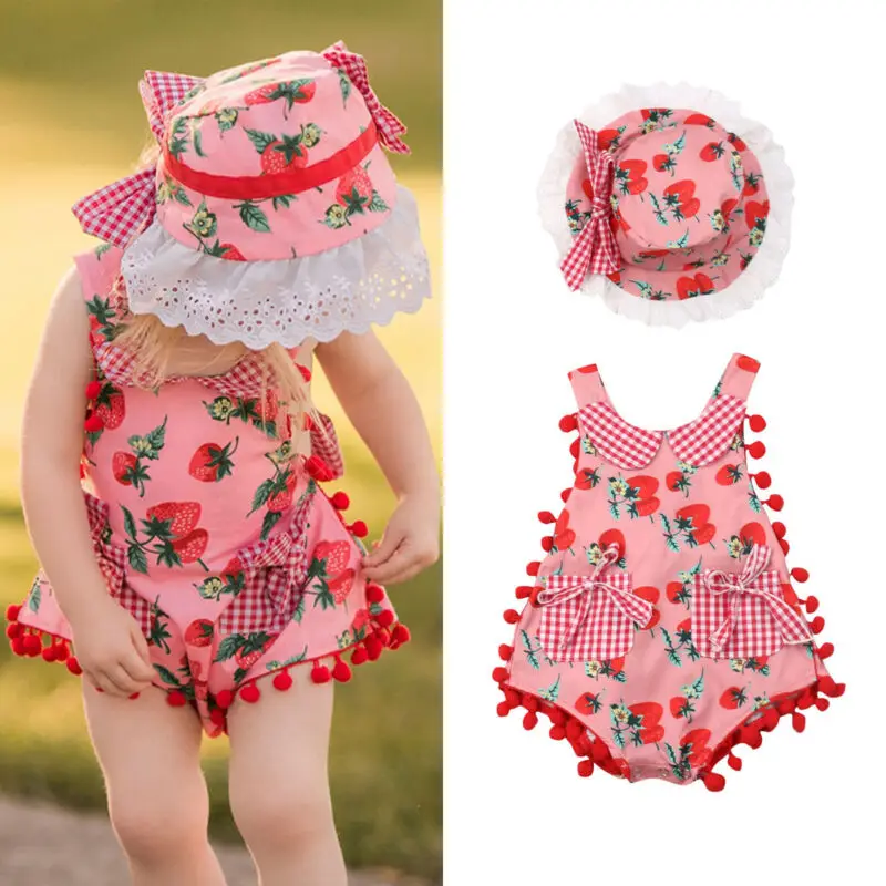 

Newborn Baby Girls Toddler Sleeveless Floral Jumpsuit Romper+Hats Cute Strawberry Print Baby Girl Clothes Outfits