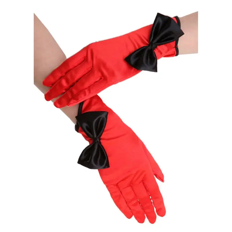 

Women Satin Solid Color Short Wedding Gloves Bowknot Oblique Cuff Bridal Mittens