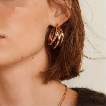 

New Arrive 3 Colors Copper Metal Tube Earrings For Women Jewery Stylish Geometric Triple Circles Earring Brinco