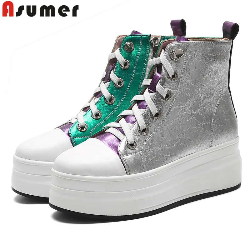 

ASUMER 2020 New arrival genuine leather boots women mixed color lace up platform boot thick sole casual shoes autumn ankle boots