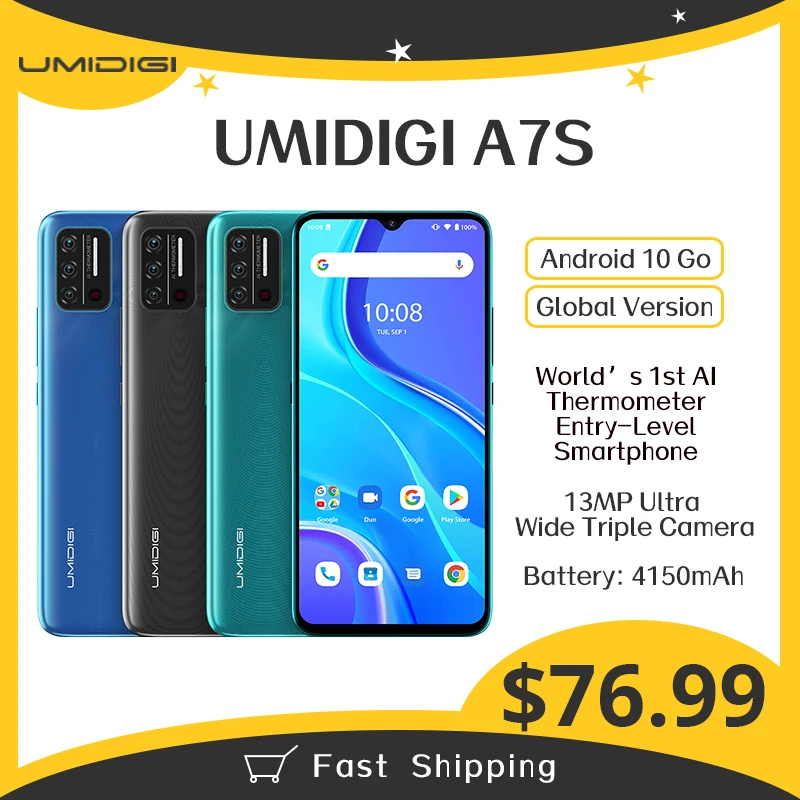 UMIDIGI-teléfono inteligente A7S, versión Global, pantalla grande 20:9 de 6,53 pulgadas, 32GB, 4150mAh, Triple Cámara, Sensor de temperatura infrarrojo tipo C