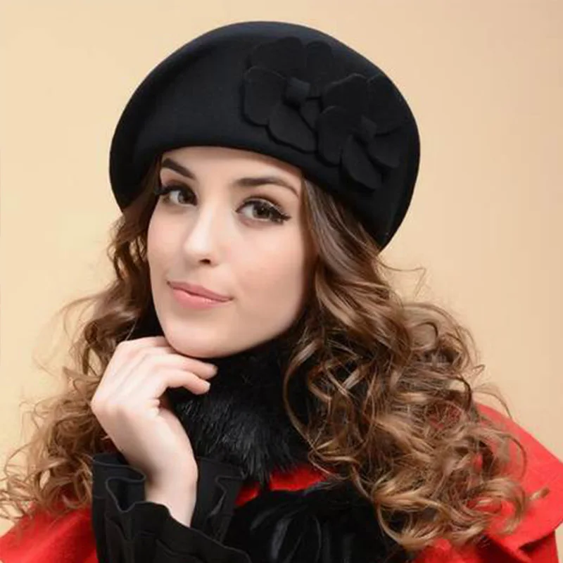 wool beret winter berets women winter felt beret Floral Women Felt French Beret Beanie fedora hat Beanie Winter Flower