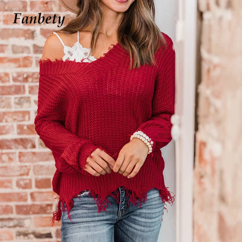 

Fanbety Autumn Winter Long Sleeve Tassel Sweaters Women Sexy Off Shoulder Knitted Sweater Female Casual V-Neck Pullover Tops XXL