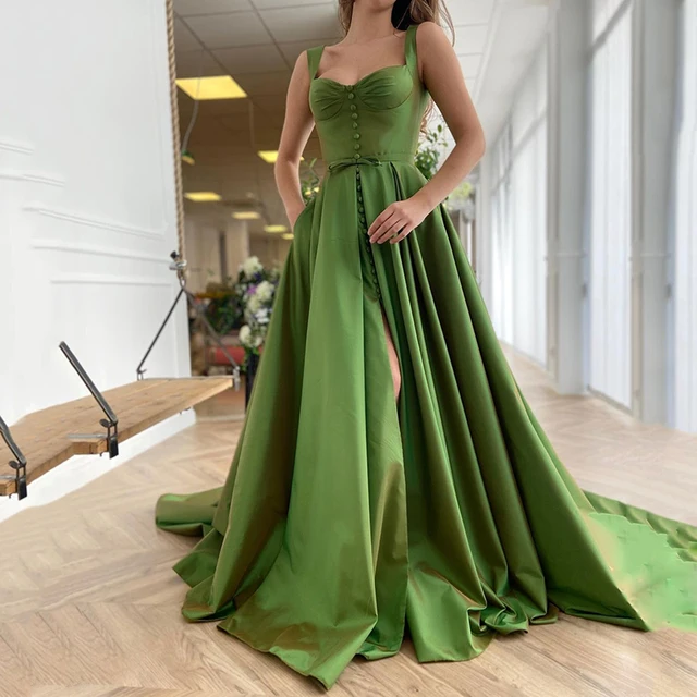 UZN New Arrival Green Satin Bustier A-Line Prom Dress Elegant Straps Evening Dress Plus Size Split Party Dress 1