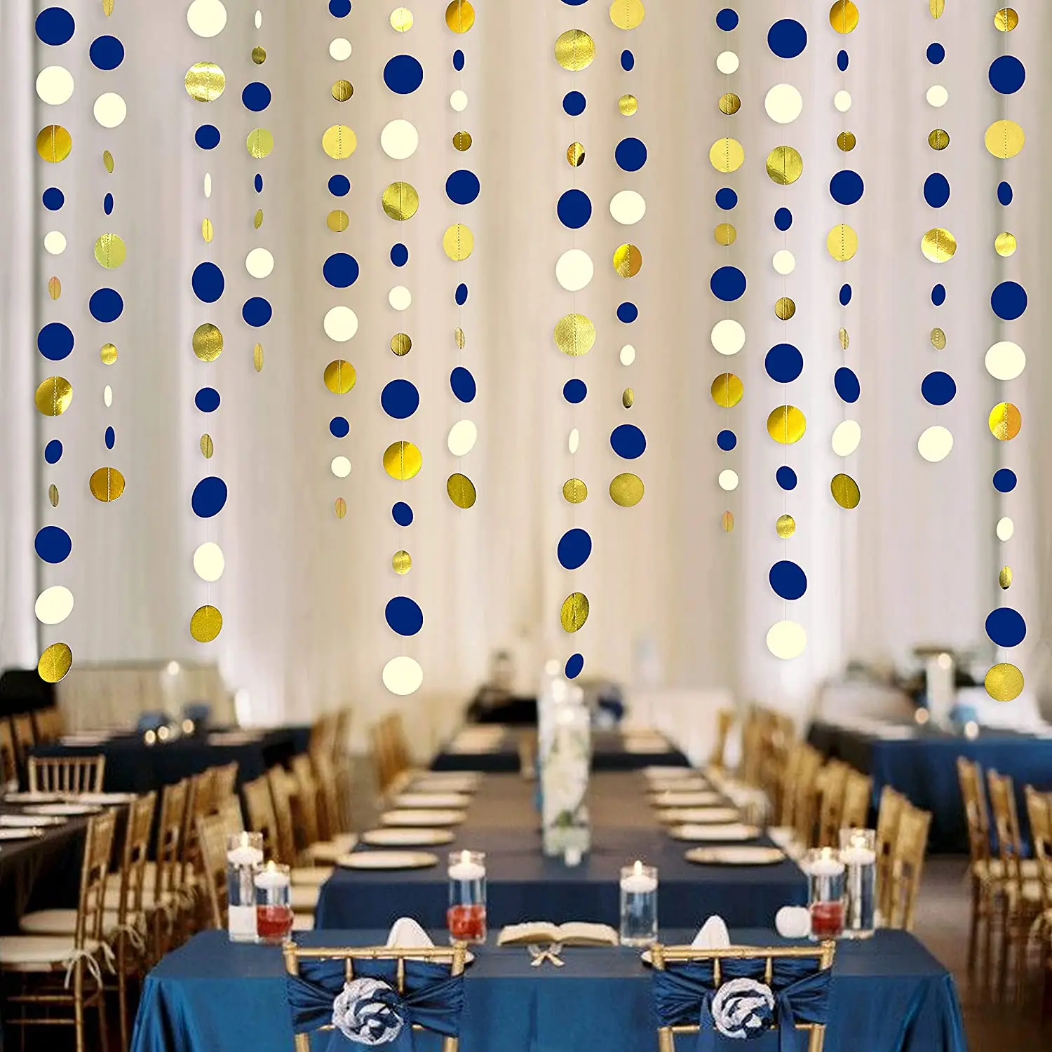 11 Ft Navy Blue Gold Beige Paper Circle Dots Garland Hanging Paper Polka Dot Streamer Royal Blue Birthday Baby Shower Decoration