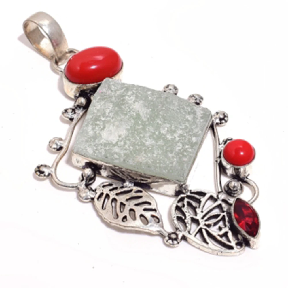 Genuine Druzy + Coral Pendant Silver Overlay over Copper Jewelry Hand made Women gift P8678 | Украшения и аксессуары