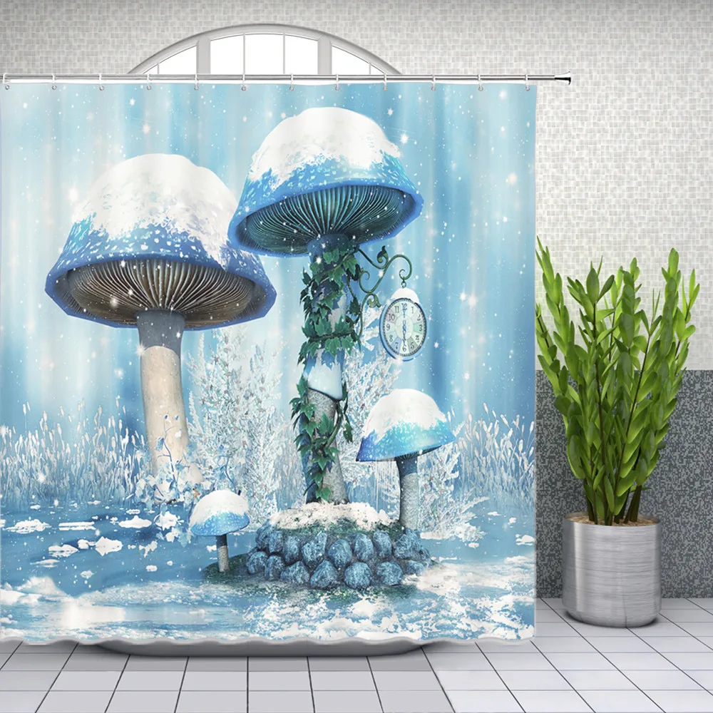 Fantasy Forest Scenery Shower Curtains Creativity Mushroom House Flower Butterfly Bathroom Decor Waterproof Bath Cloth Curtain
