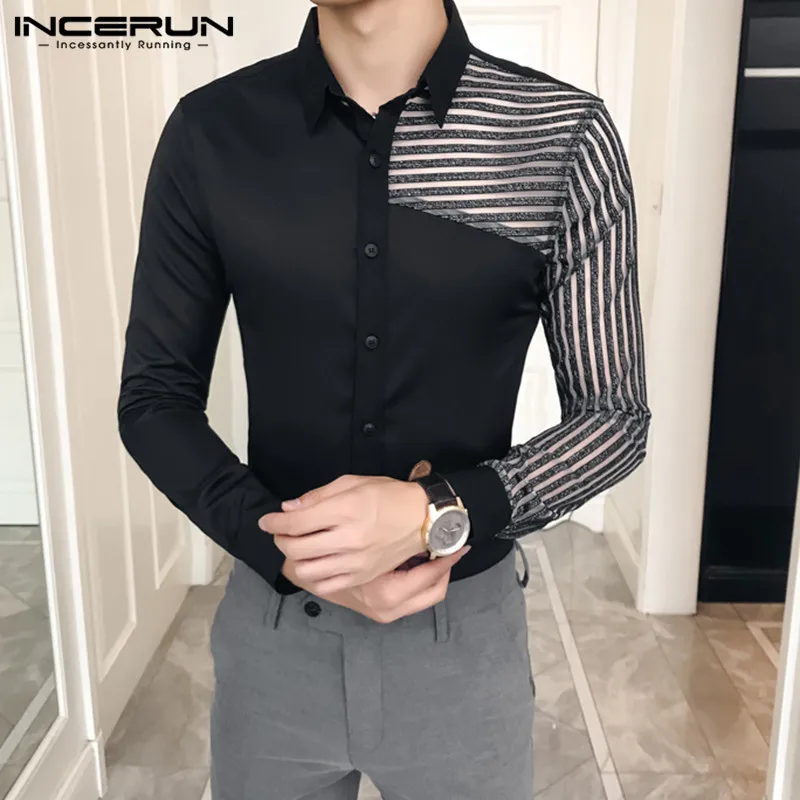 INCERUN Man Black Transparent Shirt Hombre 2021 Men Striped Shirts ...