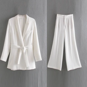 

2020 Spring Summer Women New 2 piece sets Casual Solid Blazers and Wide leg pants Suits Female Fashion Two piece set Clothes