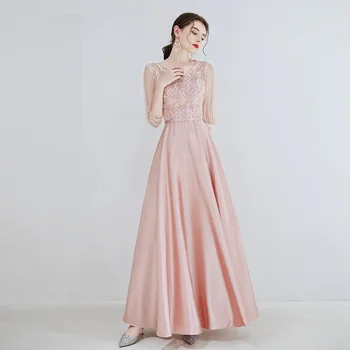 

Women's long formal prom evening party dress Plus size lace embroidery satin pink wedding party dress sexy cocktail party dress