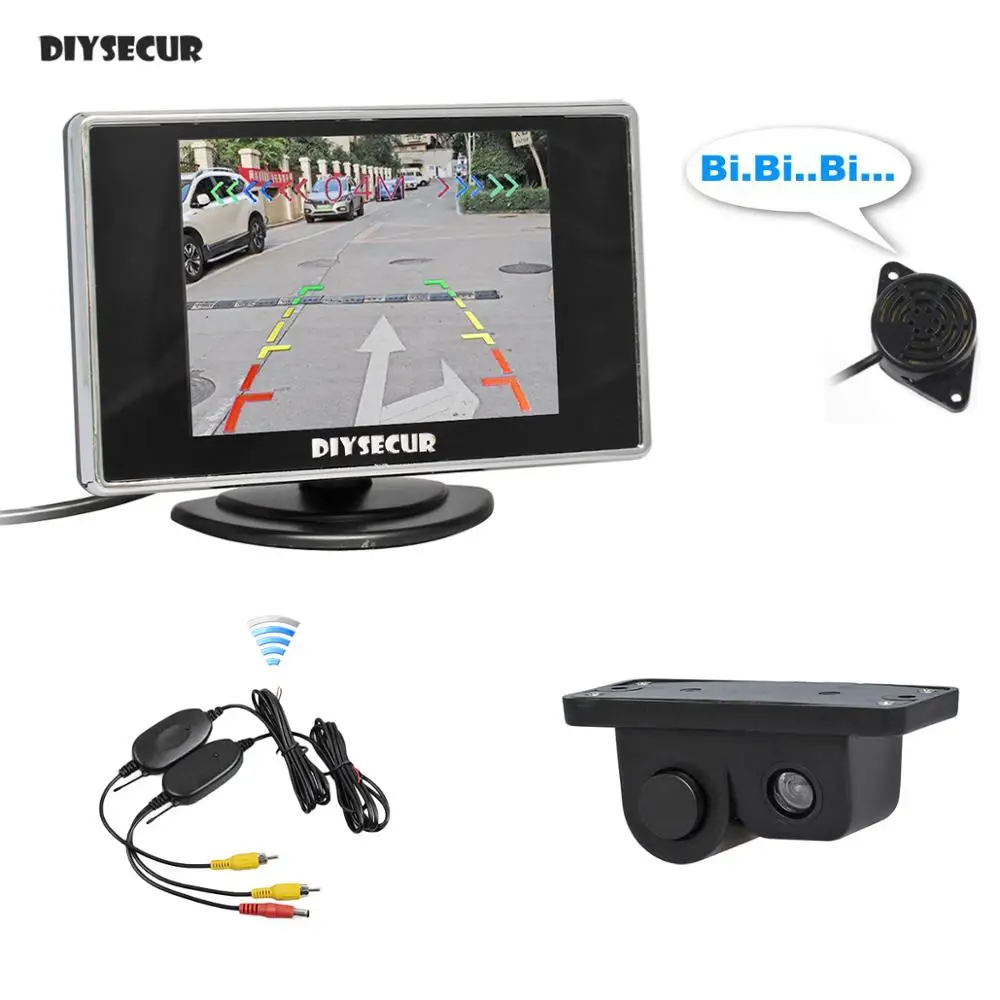DIYSECUR 3.5 inch TFT LCD Rear View Monitor Car Monitor + Video Parking Radar Black Sensor