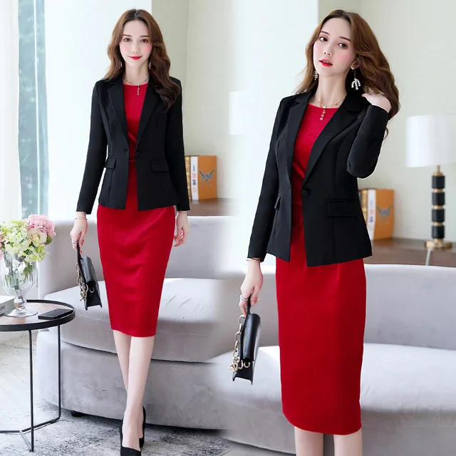 Conjunto de dos piezas para mujeres, traje, chaqueta, Blazer, de terciopelo, manga larga, Negro, Rojo, Midi, longitud hasta la rodilla, Otoño e de vestir| -