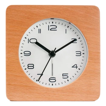 

Wooden Square Clock, Handmade Silent Desk Alarm Clock with Night Light (Manual Control) for Home/Bedroom/Office