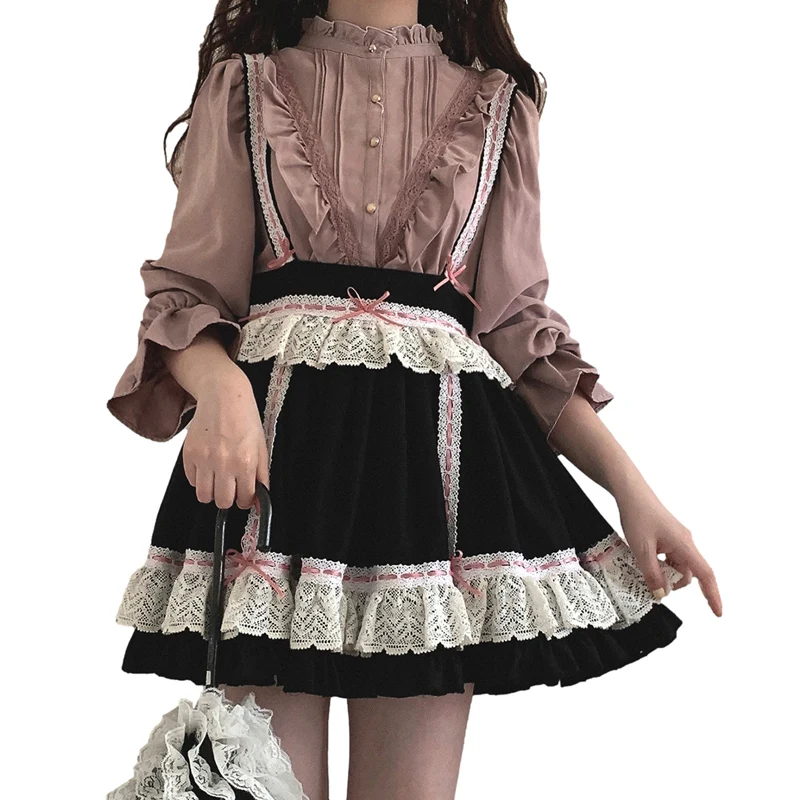 Lolita Sweet Mini Skirt Teens Gothic Kawaii Pink Lace Bow High Waist School Grils Suspender Vintage Black Princess Pleated Skirt maxdutti washed and distressed vintage jeans women mommy jeans loose denim pants grils streetwear