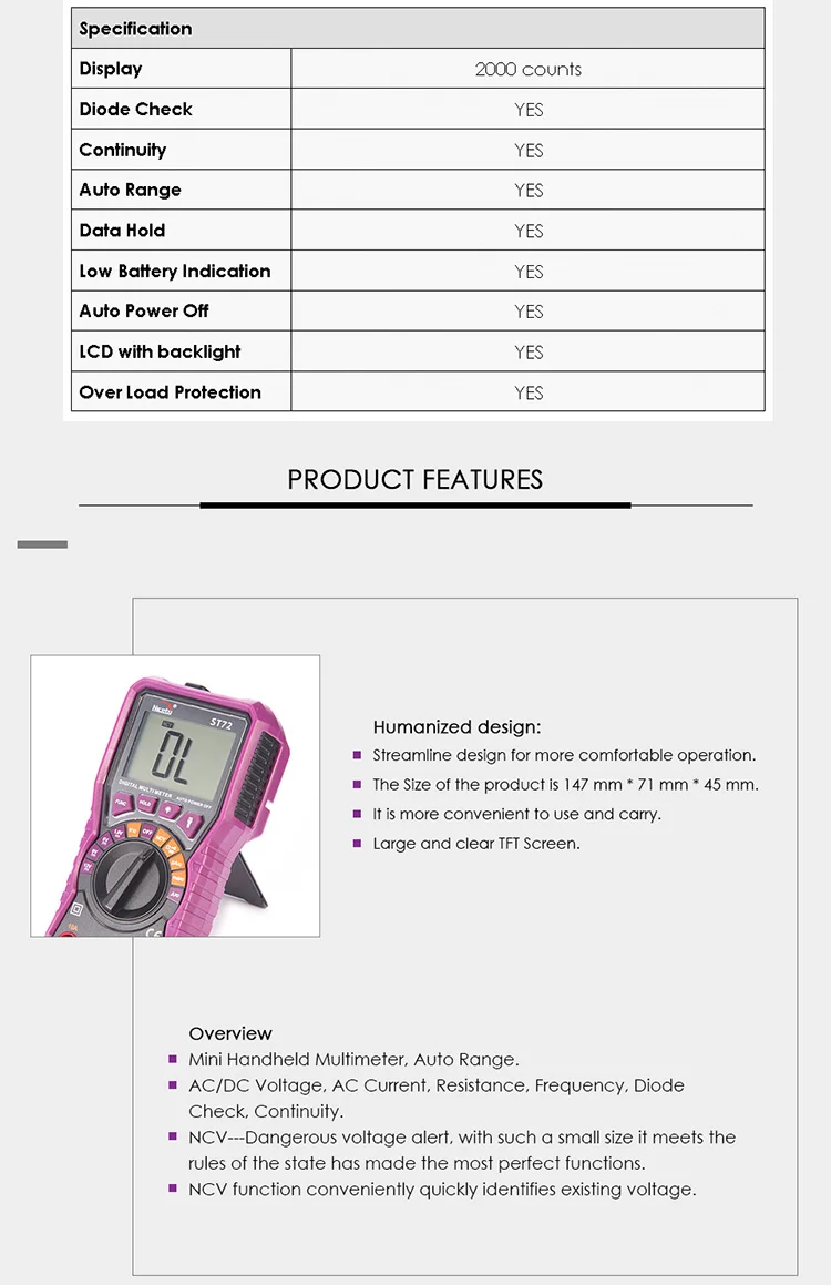 Nicetymeter ST72 ЖК-дисплей Цифровой мультиметр Авто Диапазон батареи тест портативный автомобильный тестер с подсветкой NCV светодиодная вспышка DIY