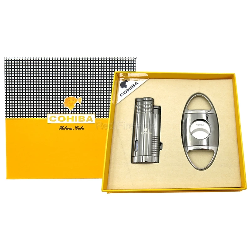 COHIBA Высококачественная ветрозащитная металлическая сигаретная зажигалка, 3 фонарь, зажигалка с пламенем, зажигалка для сигар, резак для сигар, подарочный набор