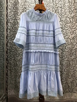 

2020 Spring and Summer New Women's Pleated Solid Color Decorative round Neck Shirt with Half Sleeve Dress 527