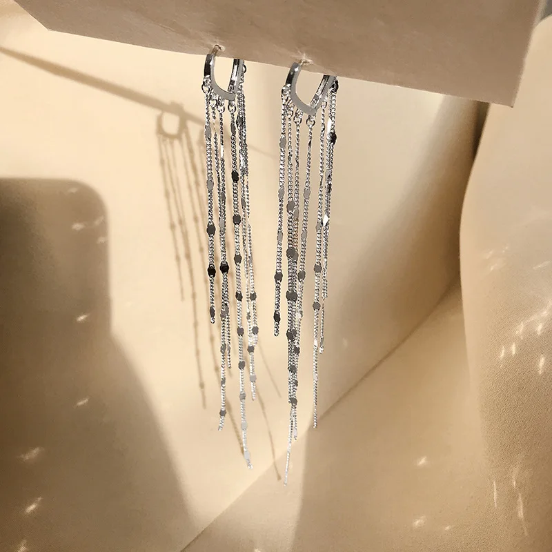 Hoop Earrings Silver Color Light Luxury Long Tassel Woman Trendy Temperament Heart-Shape Elegance Handmade Fine Jewelry