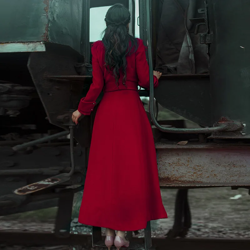 Красное шерстяное пальто с длинным рукавом в винтажном стиле Женское зимнее пальто