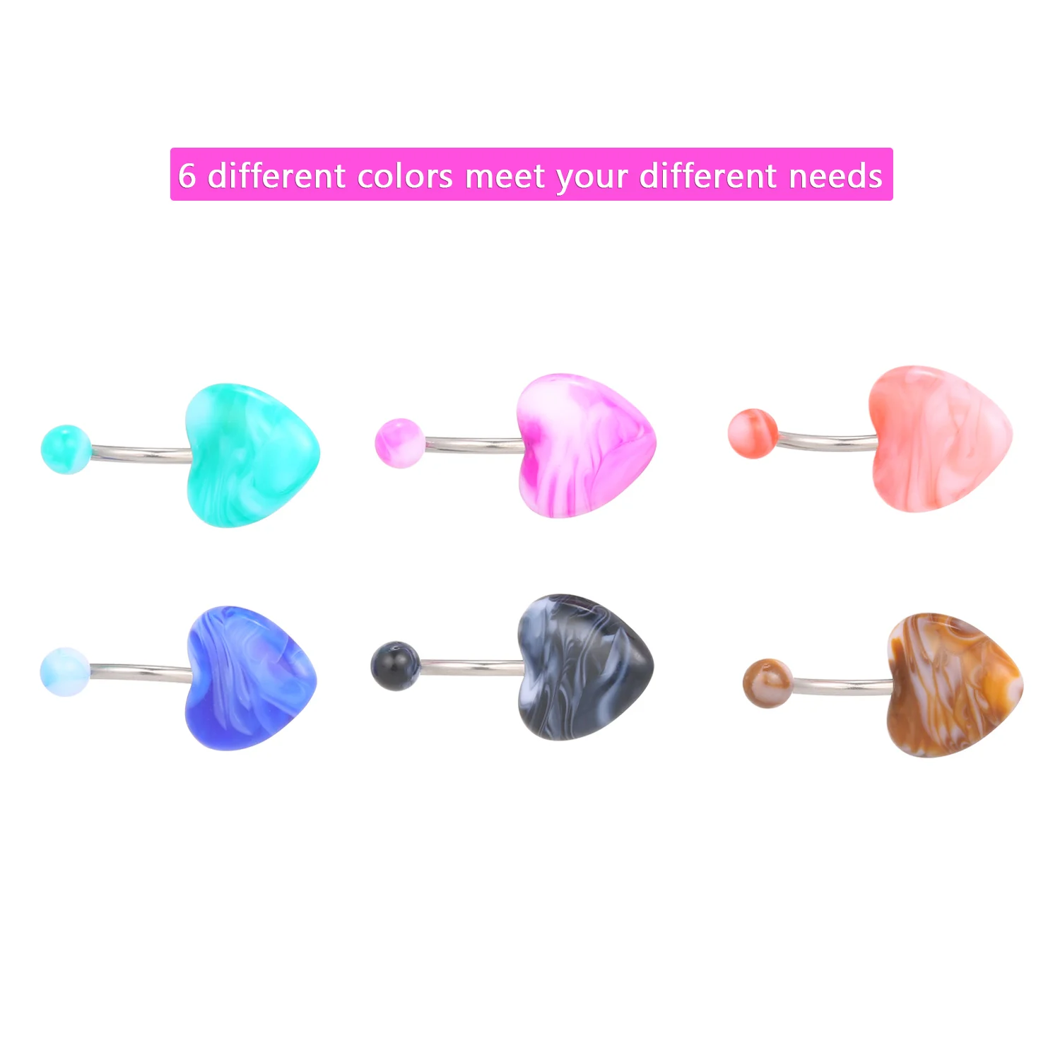 6 шт. серьги для пупка пирсинг стальные кольца Хрустальный в форме сердца шпильки