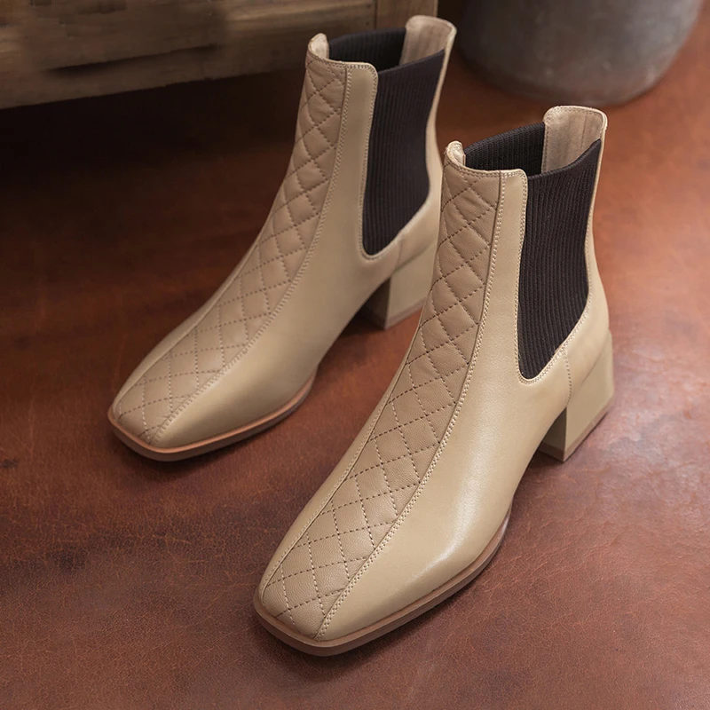 

2020 Genuine Leather Boots Thick Heels Square Toe Ladies Shoes Fashion Mixed Colors Slip-on Ankle Boots Women