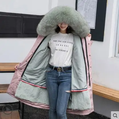 Parka 110cm Зимние толстые теплые парки с капюшоном из натурального меха лисы, женские зеленые пальто и куртки с подкладкой из кроличьего меха, Женское пальто с длинным рукавом - Цвет: Parka 110cm