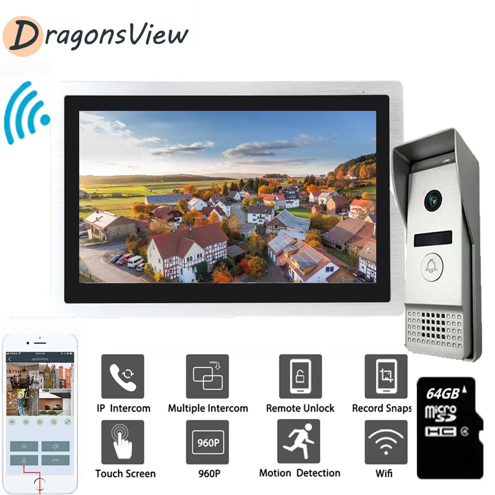 Dragonsview Video Intercom 10 Inch 960P IP Wifi Touch Screen Video Door Phone Doorbell with Motion Sensor for Home Office Villa