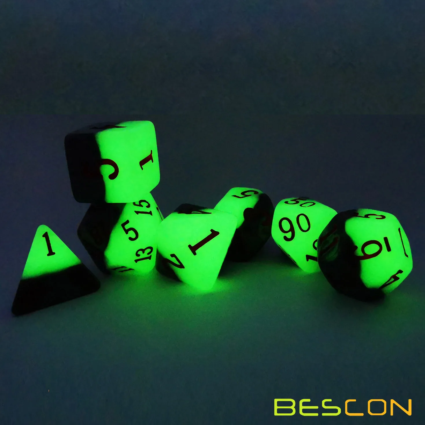 Bescon Two-tone Glowing Polyhedral Dice 7pcs Set Green Dawn, Luminous RPG Dice Set d4 d6 d8 d10 d12 d20 d%, Brick Box Packaging 5