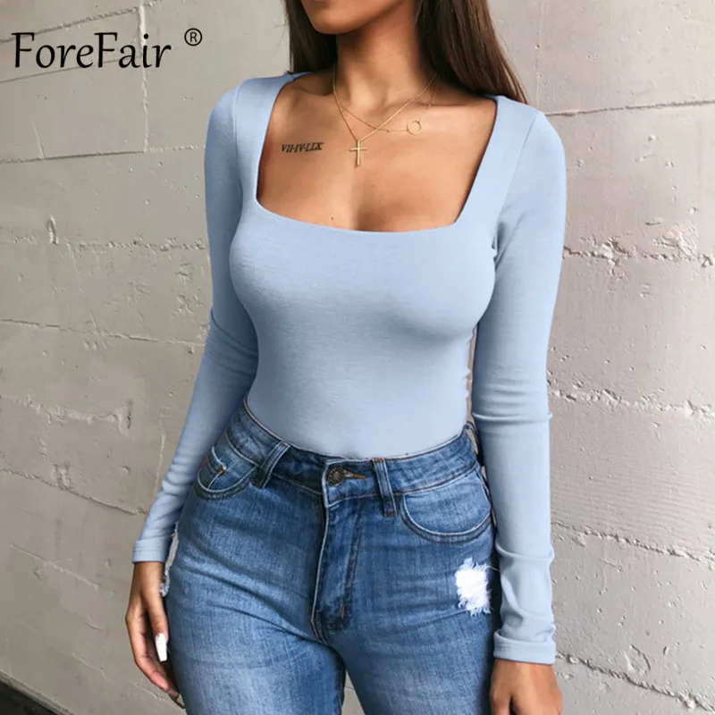 Forefair сексуальный костюм в обтяжку с длинным рукавом квадратная шея оболочка открытая промежность основной белый черный красный комбинезон женский боди Топ - Цвет: Blue Bodysuit