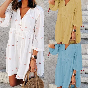 

Pareo Beach Tunic Dress Swimwear May Female New White Printed Neck Drawcord Loose Autumn 2020 Cotton Print Kaftan Beach