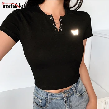 

InstaHot Women T shirt Crop Top Summer Short Sleeve Black Butterfly Flash Printed Slim Casual Vintage t shirt 2020 Tee Top