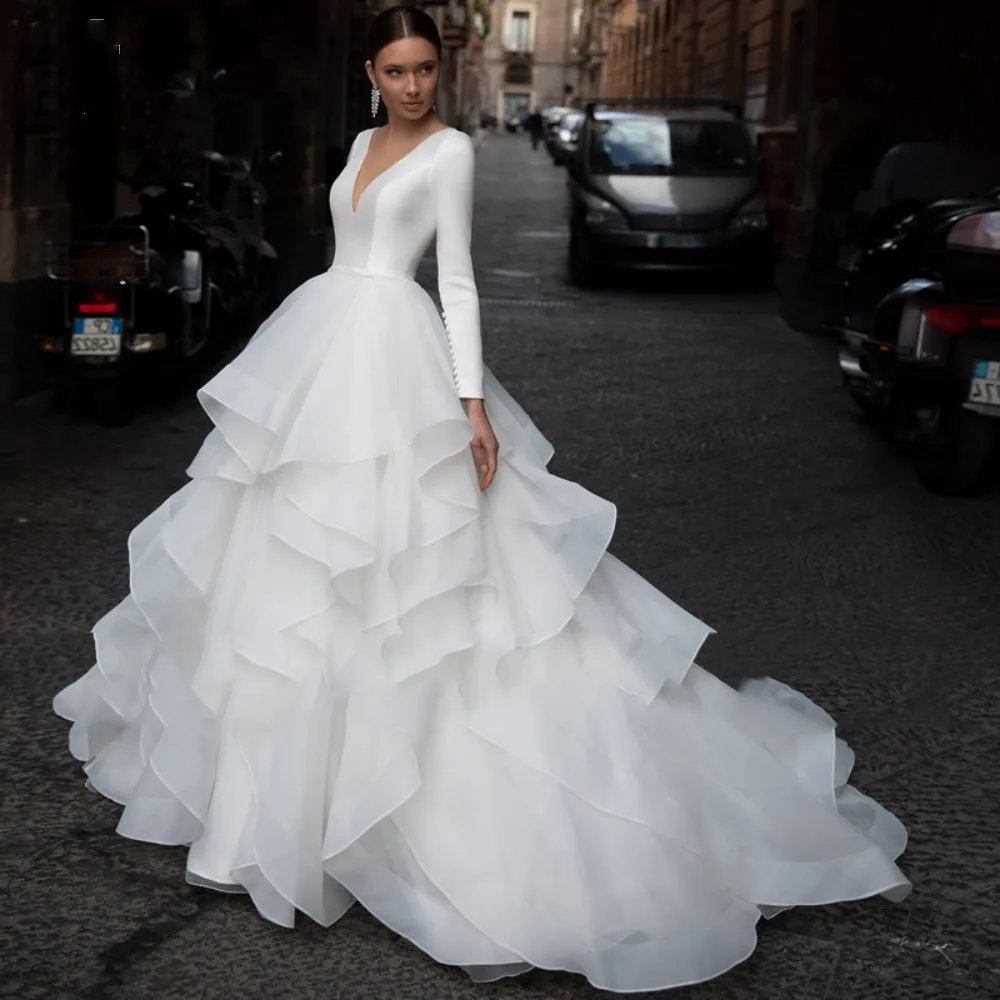

Romantic V-Neck Long Sleeves Princess Wedding Dress Sweep Train Back Button Multi-Layered Ruffles Bridal Gown vestidos de novia