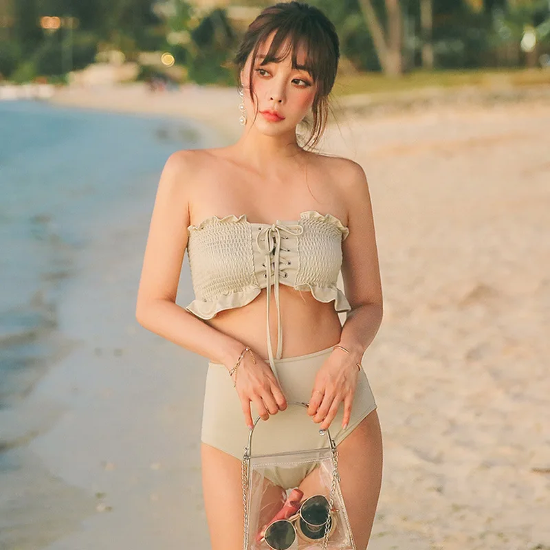

Bikini High-waisted Bathing Suit Retro wu yan Cool off-Shoulder Frilled Split Type Swimwear Sexy Tour Bathing Suit Women's