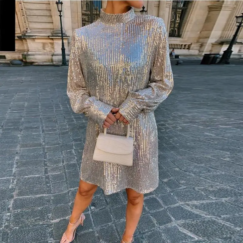 

Women Long Sleeve Sequined Dress Shining Sparkly Club Cocktail Short Dress Elegant Fall Silver Party Sexy Dress