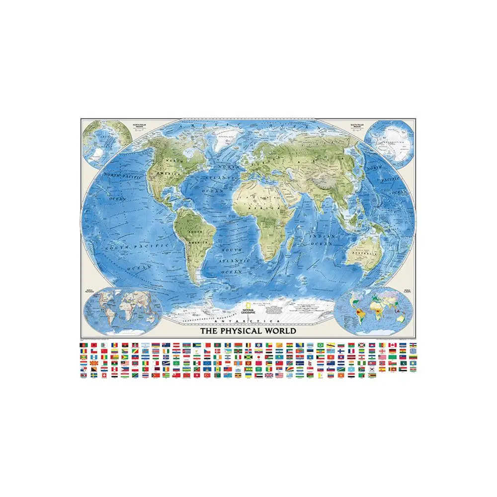 

150x225cm The World Physical Map With World Tectonics And Climate Non-woven World Map With National Flags