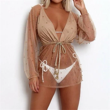 

Women Pearl Lace Crochet Bathing Suit See Through Bikini Swimwear Cover Up Beach Wear Women Beach Dress Pareos Tunic Tops