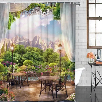 

Balcony Table Flowers Green Forest Bathroom Shower Curtains Bathroom Decor with Hooks Waterproof