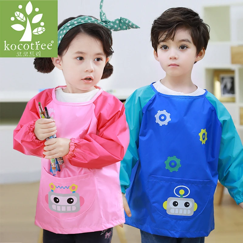 

0-11 Years Baby Waterproof Painted Outerwear Kids Cartoon Cooking Apron Long Sleeve Drawing Painting Bib For Kindergarten