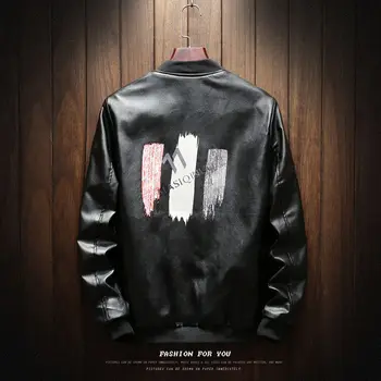 

Chic Color Paint Faux Leather Jacket Men Autumn Casual Zipper Jacket For Motorcycle Fashion Jaqueta Chaqueta Letter Men Jacket