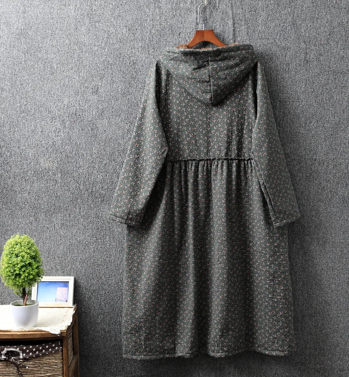 Новинка, зимнее вельветовое платье с капюшоном и принтом в стиле ретро, женское свободное платье 8280