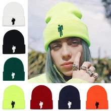 Женская шапка с вышивкой Billie Eilish Merch, лидер продаж, с логотипом, вязаная шапка, эластичная шапка, однотонная, в стиле хип-хоп, на каждый день, с манжетами, бини