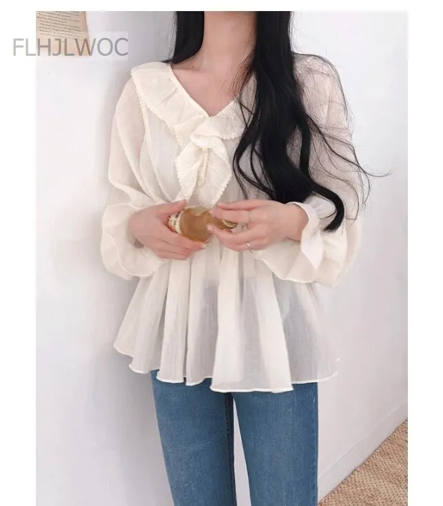 Cute Chic Tops Women Preppy Style Girls Korea Japanese Design Slim Waist Belly Peplum Tunic Ruffled Top Blouse Flhjlwoc Vestido