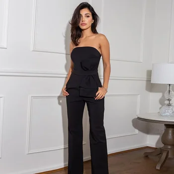 

Top Quality Summer Women Sexy Strapless Sleeveless Bow Black Red Cotton Bandage Jumpsuit 2020 Elegant Female Party Jumpsuit