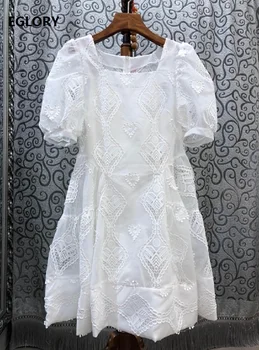 

Luxury Silk Dress 2020 Summer Style Women Sexy Square Collar Hollow Out Lace Embroidery Short Sleeve White Pink Blue Dress Sweet