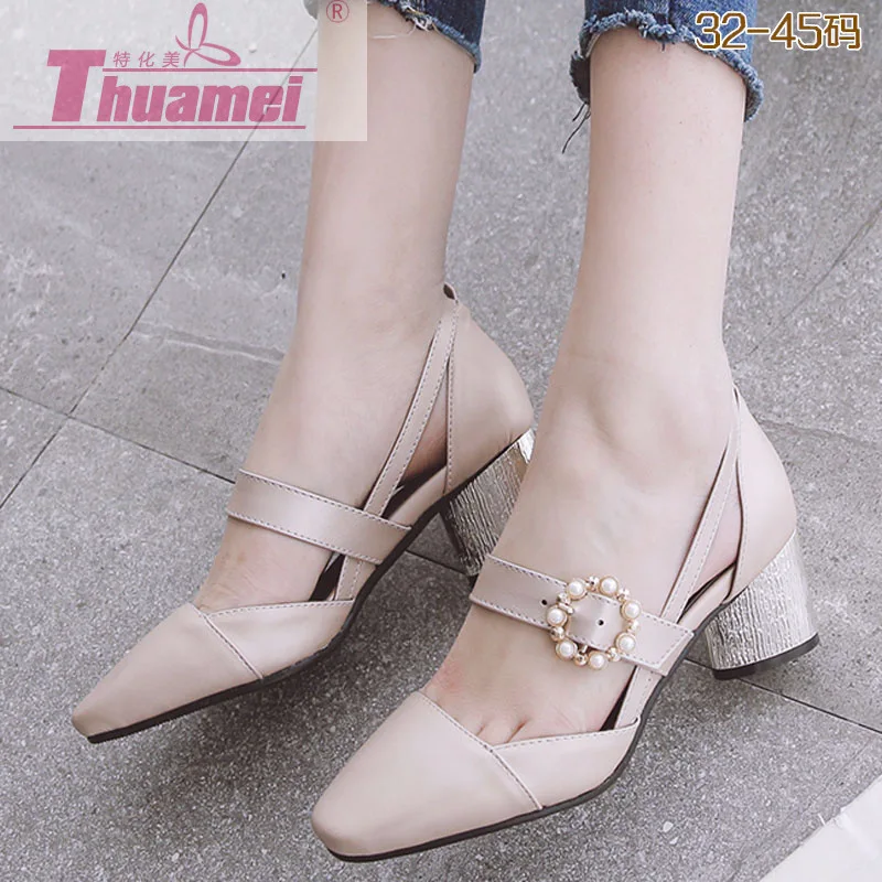 

18 New Style 32-45 Code Square Head High Heel Shoes Hollow out Pearl Chunky-Heel Shoes Women's