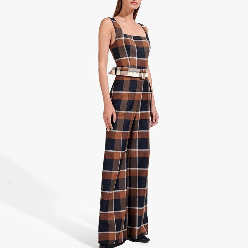 TWOTWINSTYLE Vintage Plaid Jumpsuits For Female Square Collar Spaghetti Strap High Waist With Sashes Flare Women's Jumpsuit Tide