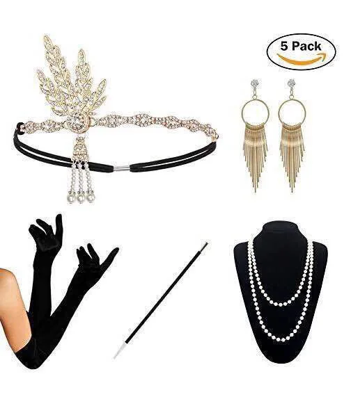 1920s Great Gatsby, винтажные аксессуары для волос, Хлопушки, головные уборы с перьями, ожерелье, перчатки, серьги, дымчатый стержень, 5 шт. в комплекте, одежда для вечеринок