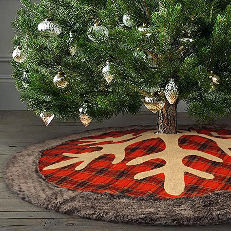 Christmas Tree Skirt 36 Inches Large Burlap Plaid Snowflake with Thick Faux Fur Edge Skirt Rustic Xmas Tree Holiday Decorations